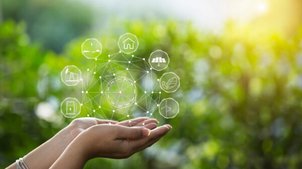 Technology,,Hand,Holding,With,Environment,Icons,Over,The,Network,Connection