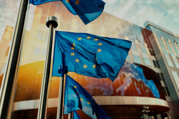 EU flags waving in front of European Parliament building. Brusse